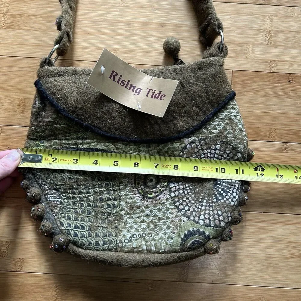 Rising Tide Wool Felted Shoulder Bag Purse Olive Green Artsy Handmade Zipper